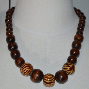 Brown Wooden Cascading Zebra Bead Silver Tone